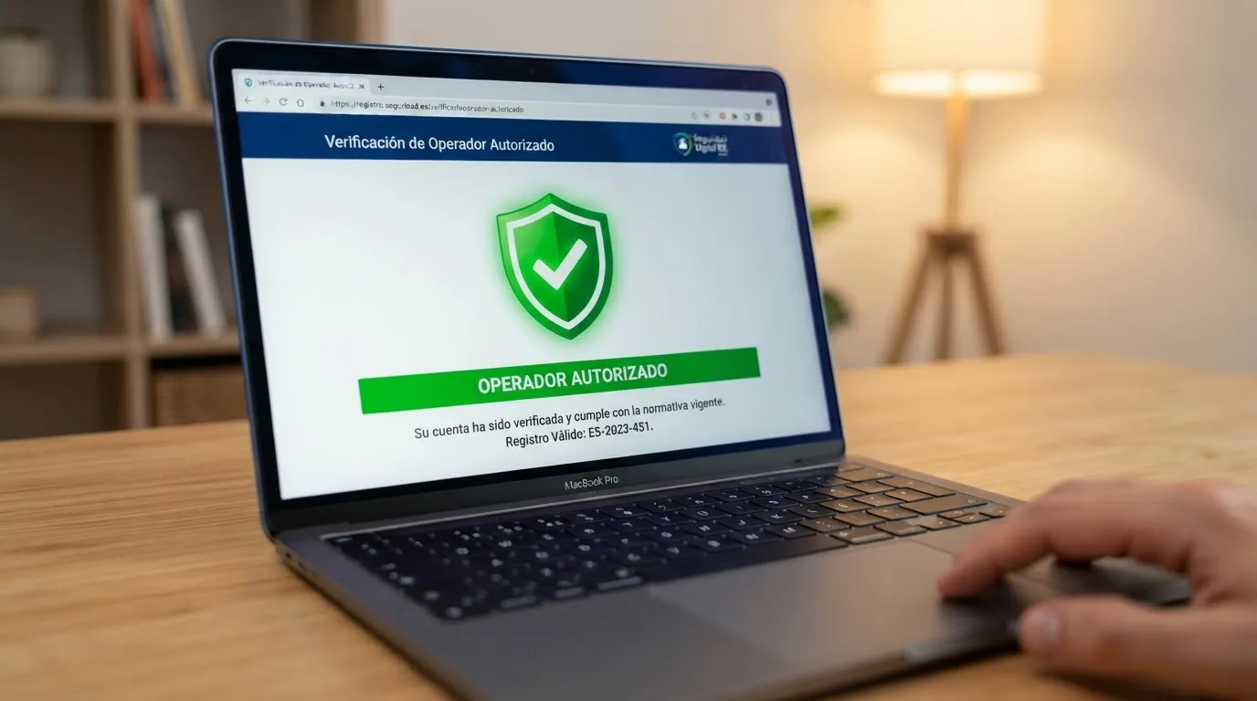 Primer plano de un sello o certificado oficial sobre la pantalla de un ordenador con la web de la DGOJ visible al fondo