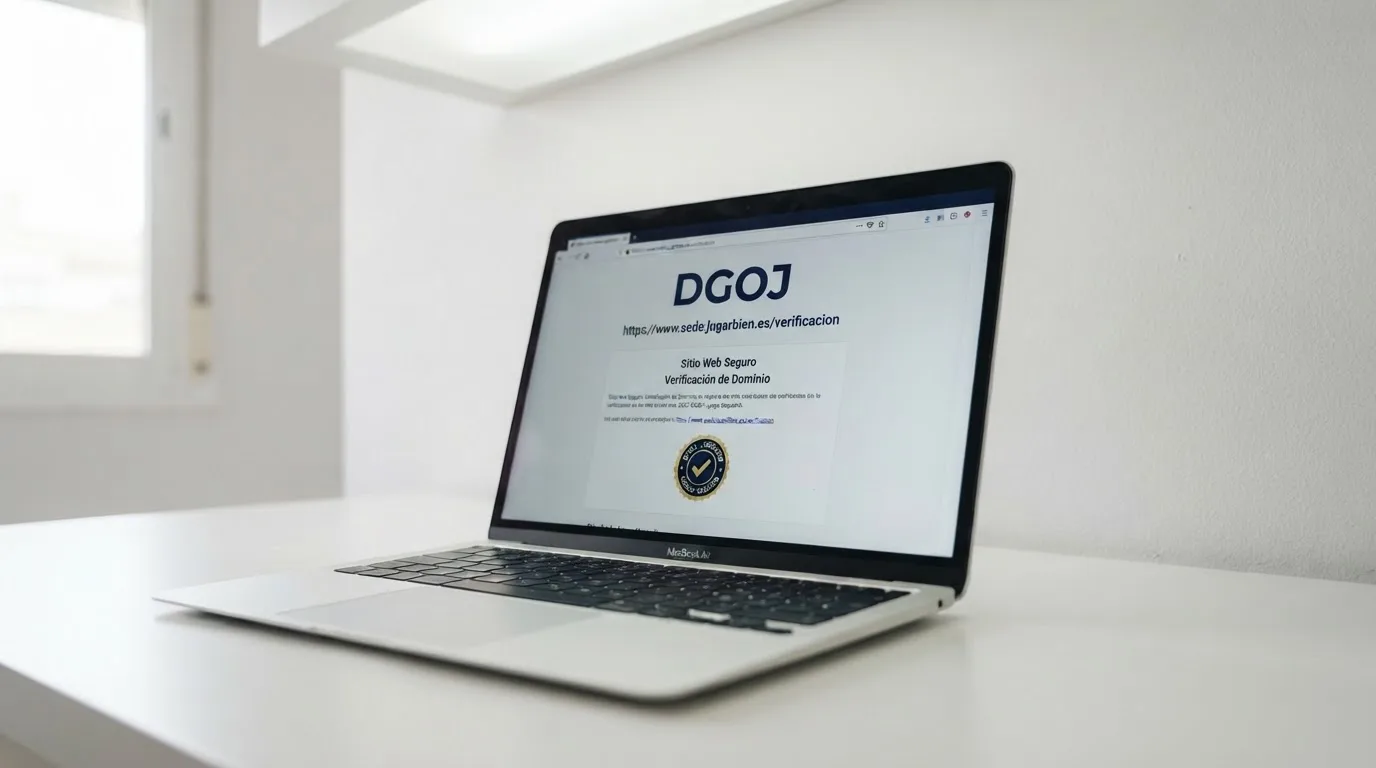 Primer plano de un sello o certificado oficial con la palabra «DGOJ» y un dominio .es visible en una pantalla de ordenador