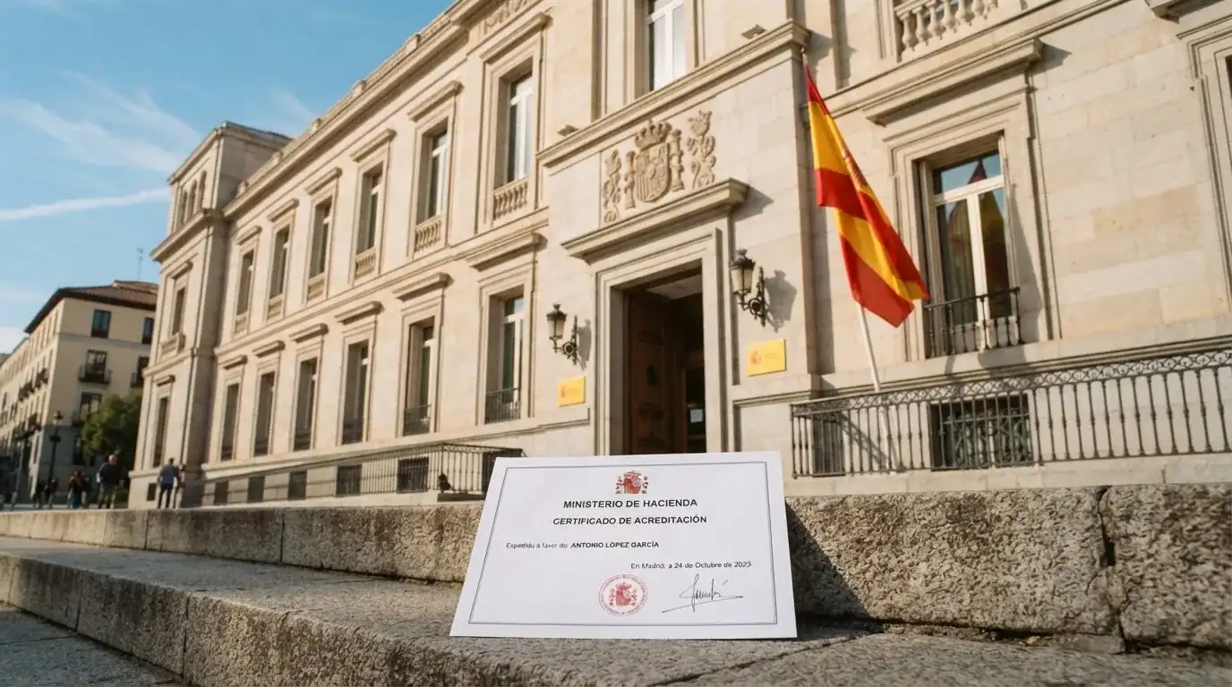 La fachada de la sede de la DGOJ en Madrid con el escudo oficial y la bandera de España, junto a un primer plano de un documento con el sello de una licencia de juego