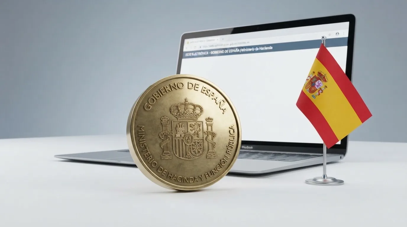 Sello ofcial de la Dirección General de Ordenación del Juego junto a la bandera de España y la pantalla de un ordenador con el dominio .es.