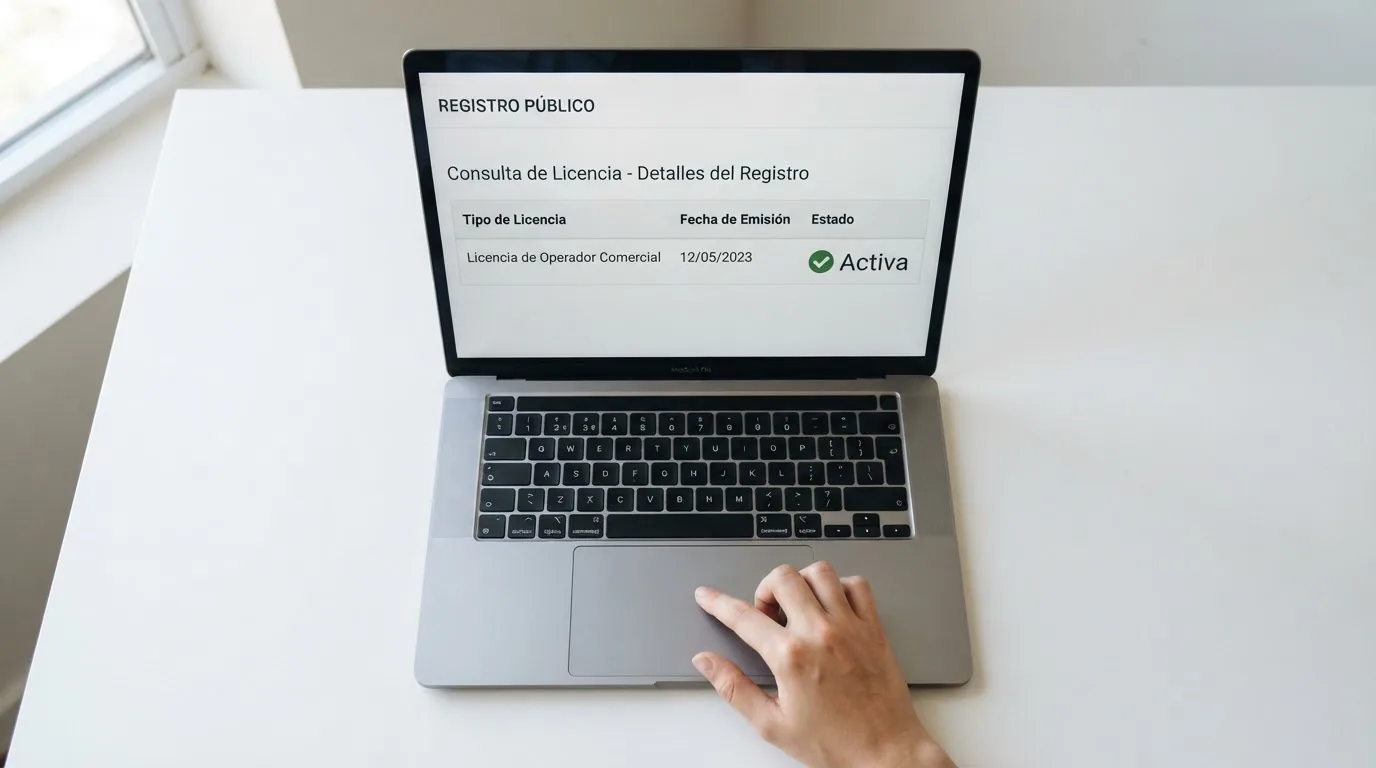 Primer plano de la ficha de un operador en el registro público de la DGOJ (ordenacionjuego.es) con los datos de licencia visibles pero anonimizados