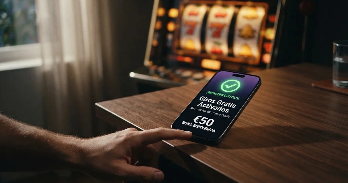Un teléfono móvil mostrando la pantalla de registro de un casino online con el mensaje de giros gratis sin depósito activado, junto a una ruleta de tragaperras en segundo plano