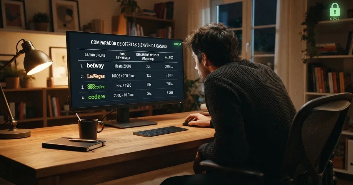 Un jugador consultando una tabla comparativa de casinos online en la pantalla de un ordenador, con el icono de candado de la DGOJ visible en una esquina
