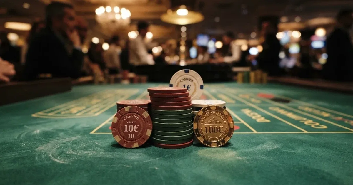 Fichas de póker apiladas junto a una moneda física de Bitcoin sobre el tapete verde de una mesa de casino