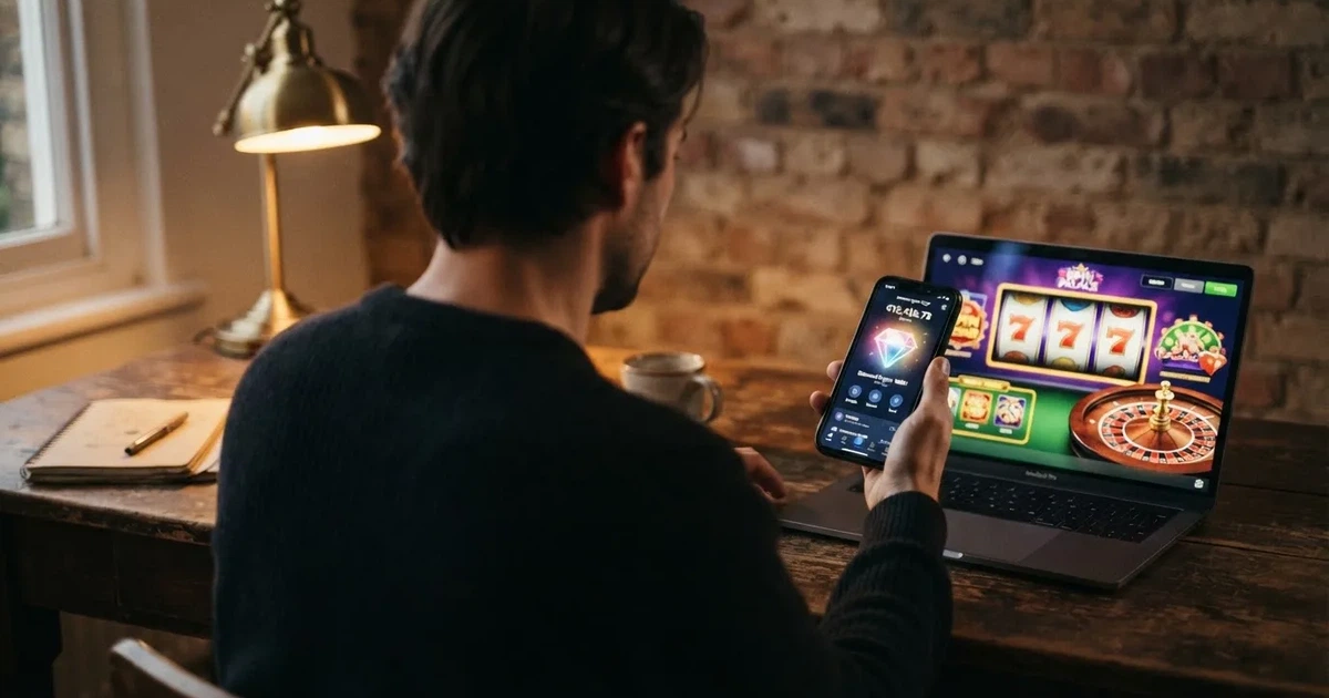 Un jugador con un móvil mostrando una wallet de Ethereum junto a una pantalla con juegos de casino online