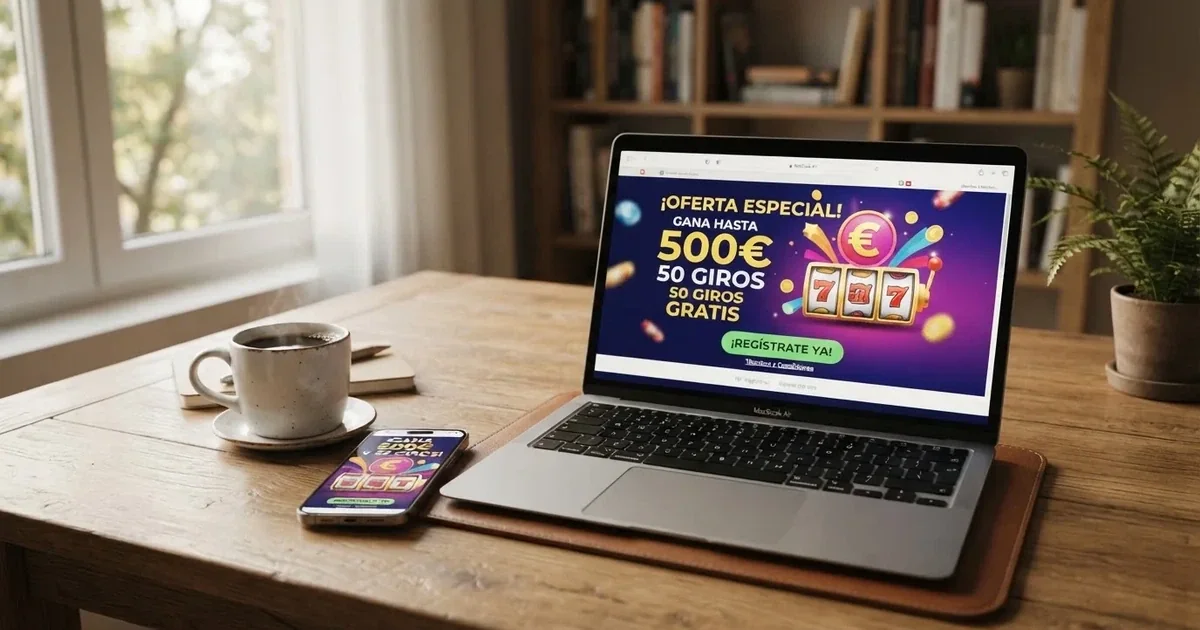 Escritorio con pantalla mostrando promociones de casino online, junto a un café y un móvil con la misma página abierta