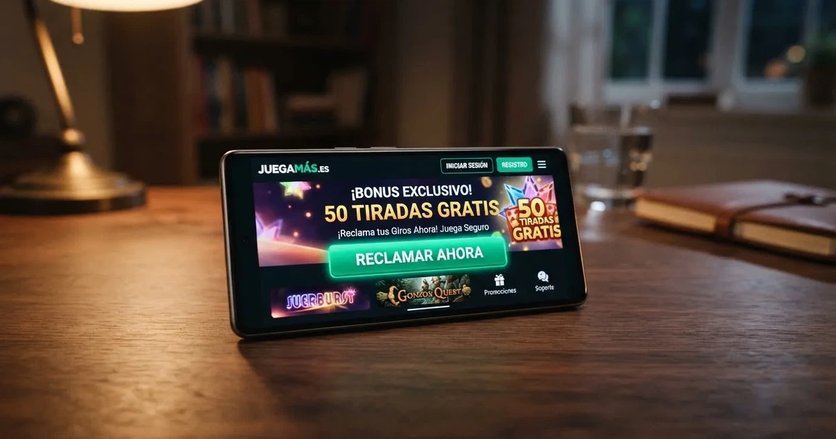 Un móvil sobre una mesa oscura con la interfaz de un casino online español mostrando un cartel promocional de tiradas gratis y el botón «reclamar» encendido en el centro de la pantalla.