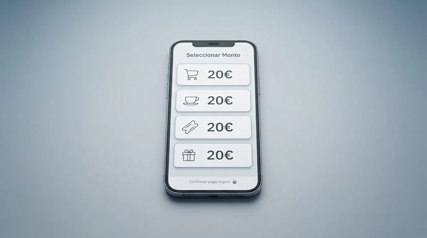 Las pantallas de un móvil mostrando los iconos de Bizum, PayPal, Paysafecard y una tarjeta bancaria junto a la palabra «20€»