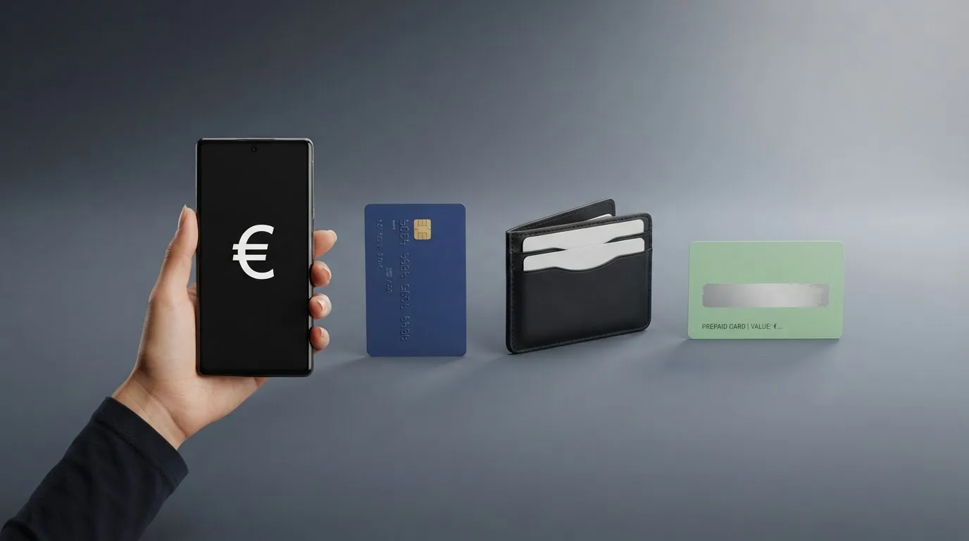 Comparatva visual de los principales métodos de pago disponbles en casinos españoles: móvil con Bizum, tarjeta, monedero electrónico y tarjeta Paysafecard