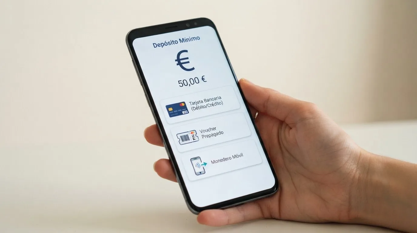 Teléfono móvil mostrando la pantalla de depósito de un casino online español con los iconos de Bizum, tarjeta bancaria y Paysafecard visibles