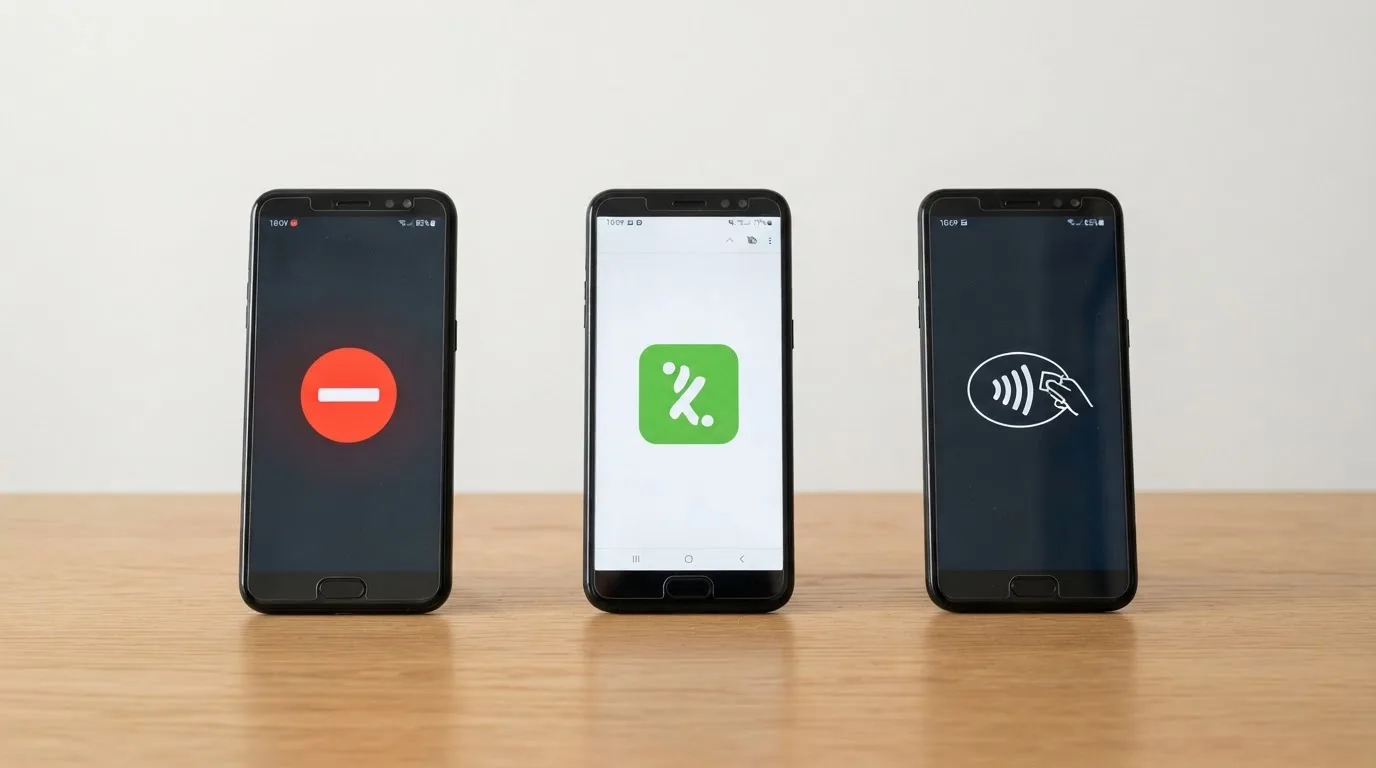 Comparativa visual de tres métodos de pago móvil: un teléfono con el icono de SMS tachado en rojo, otro con el logo de Bizum en verde, y un tercero con Apple Pay y Google Pay