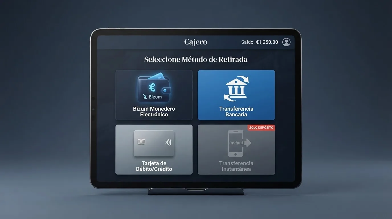 Pantalla de cajero virtual de un casino online español mostrando las opciones de retirada: PayPal, transferencia bancaria y tarjeta disponibles, con Bizum visible solo como método de ingreso