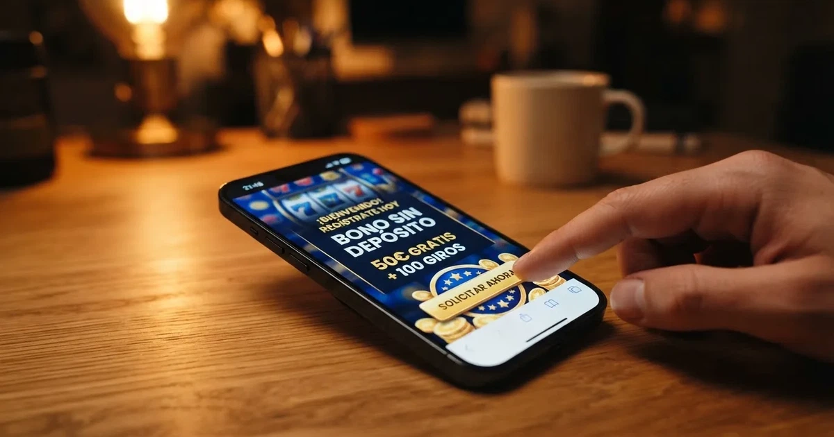 Pantalla de un móvil mostrando la página de bienvenida de un casino online español con un banner de bono sin depósito