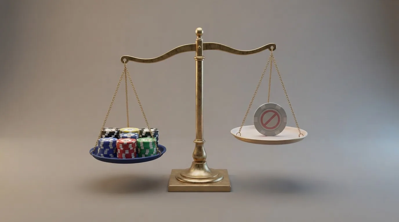 Una balanza visual: en el platillo izquierdo, las fichas de los 10 operadores con licencia DGOJ ordenadas sobre fondo azul corporativo; en el derecho, una única ficha genérica sin marca sobre fondo gris con un signo de prohibición tachado
