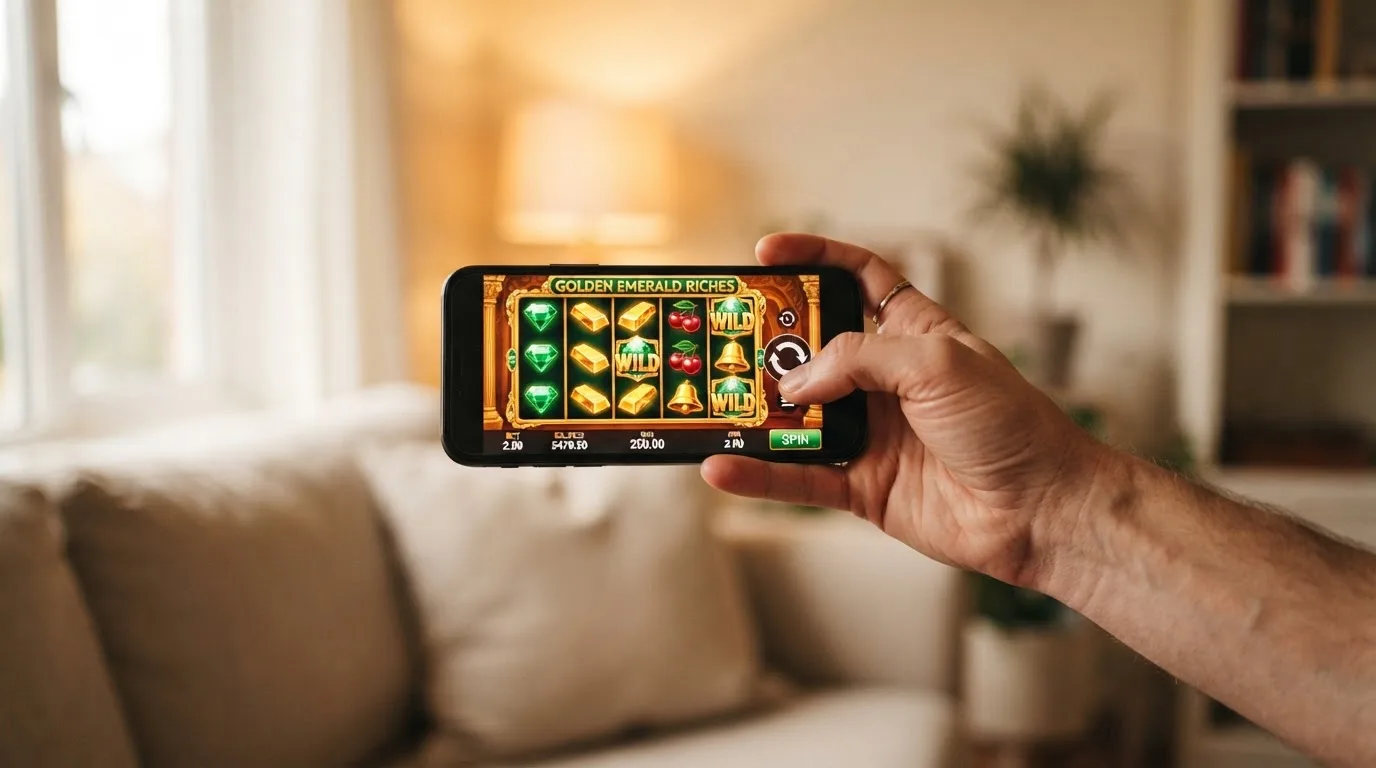 Teléfono móvil mostrando una tragaperras de Playtech en modo horizontal con la interfaz adaptada