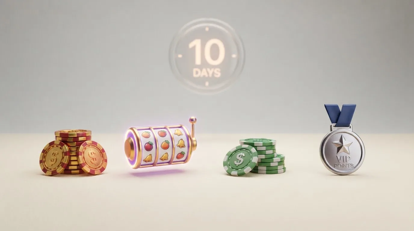 Cuatro tipos de premio del Bonus Crab representados como iconos: monedas de bono, giros gratis, billetes de dinero real y monedas VIP, con un reloj de 10 días al fondo.