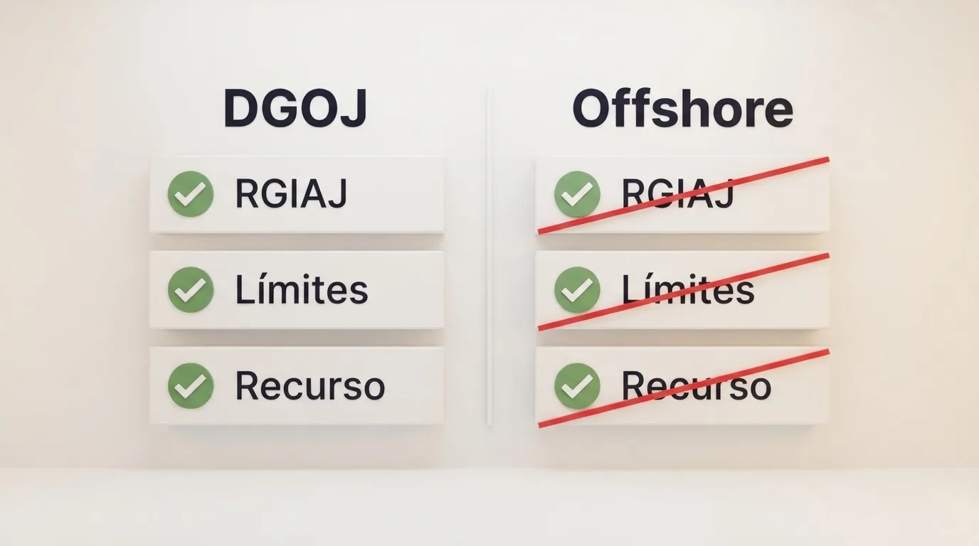 Esquema comparativo: columna izquiéda con los sellos de protección DGOJ (RGIAJ, límites, recurso) y columna derecha con los mismos elementos tachados para casinos offshore