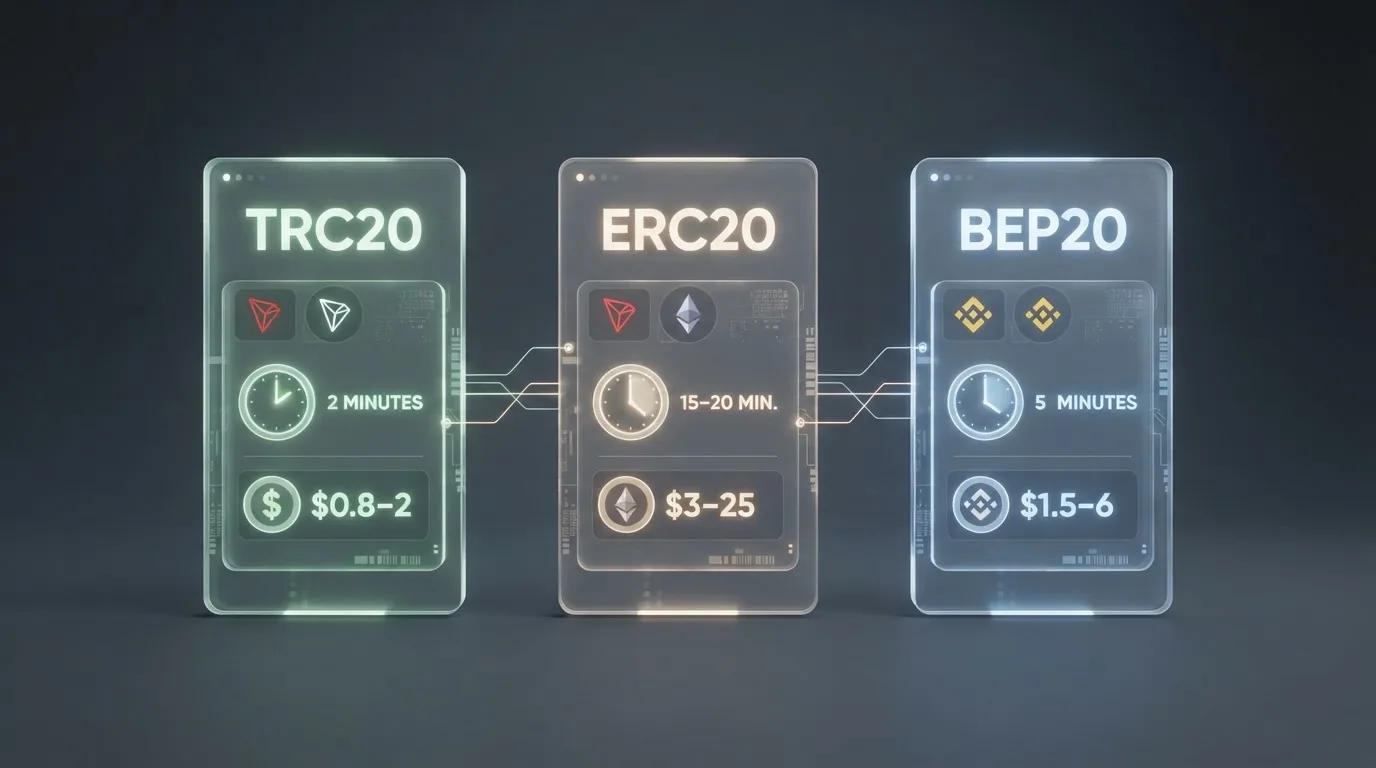 Infografía comparativa de las tres redes de USDT — TRC20, ERC20 y BEP20 — con íconos de reloj y monedas que muestran visualmente la diferencia de coste y velocidad entre cada una.