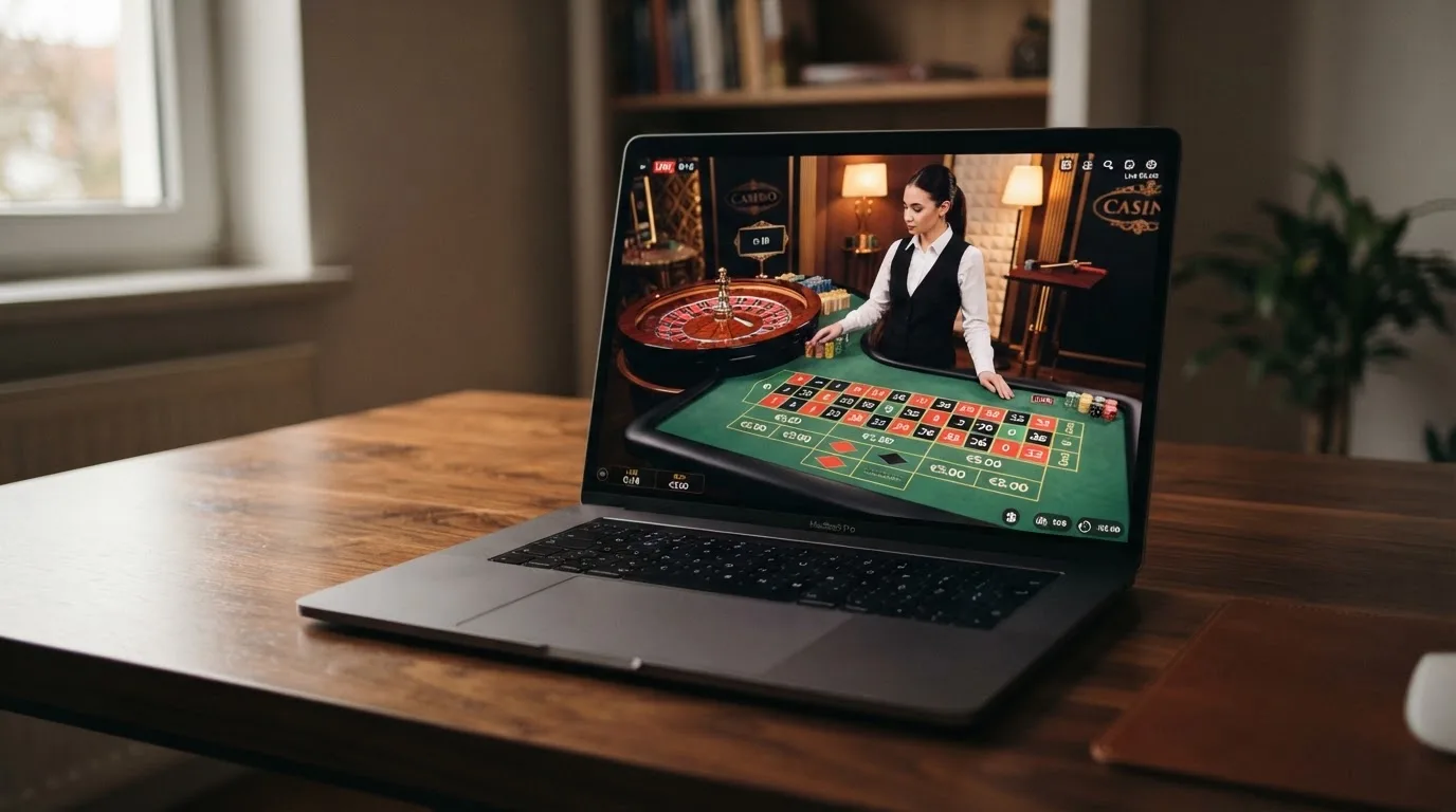 Mesa de ruleta en vivo con crupier real y la interfaz digital de apuestas en una pantalla de ordenador