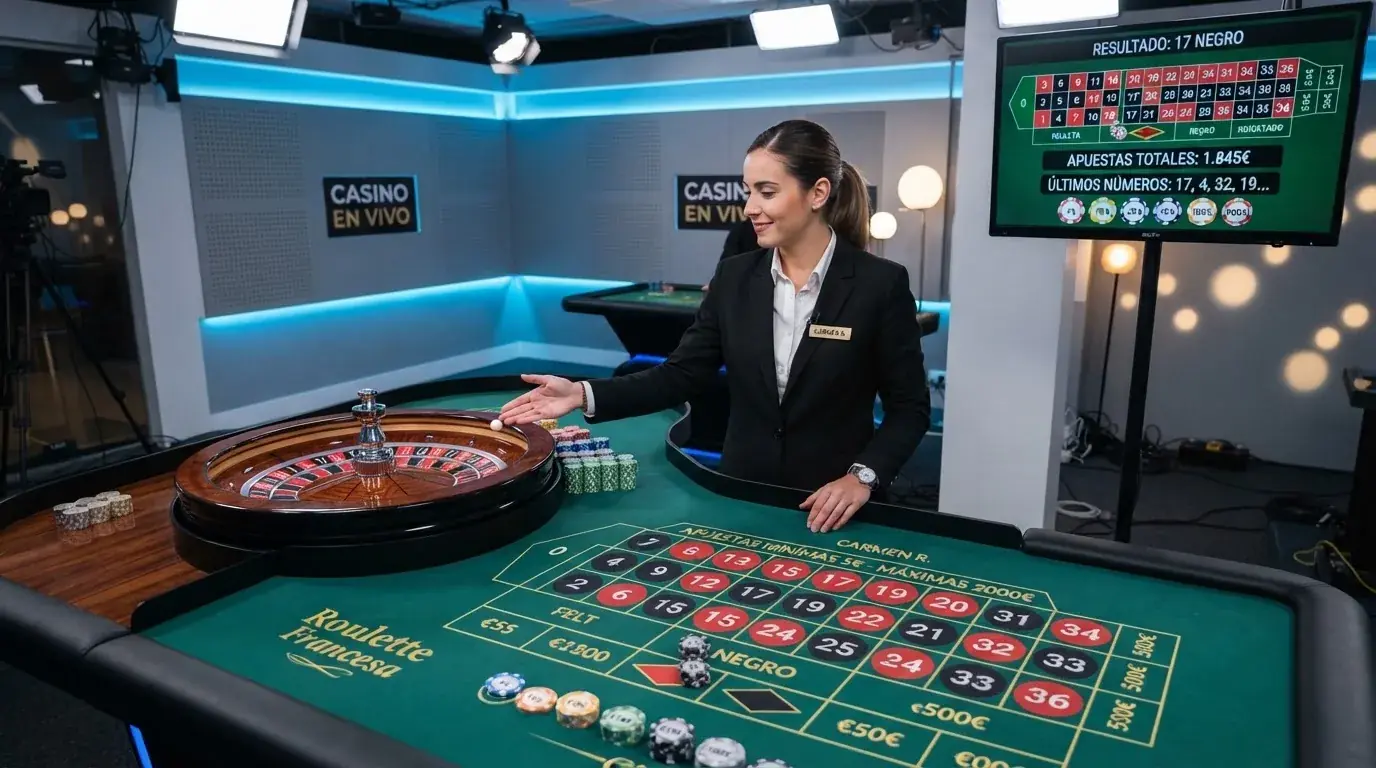 Mesa de ruleta en vivo emitida desde un estudio españoll con crupier hisppanohablante y sistema de apuestas en pantalla