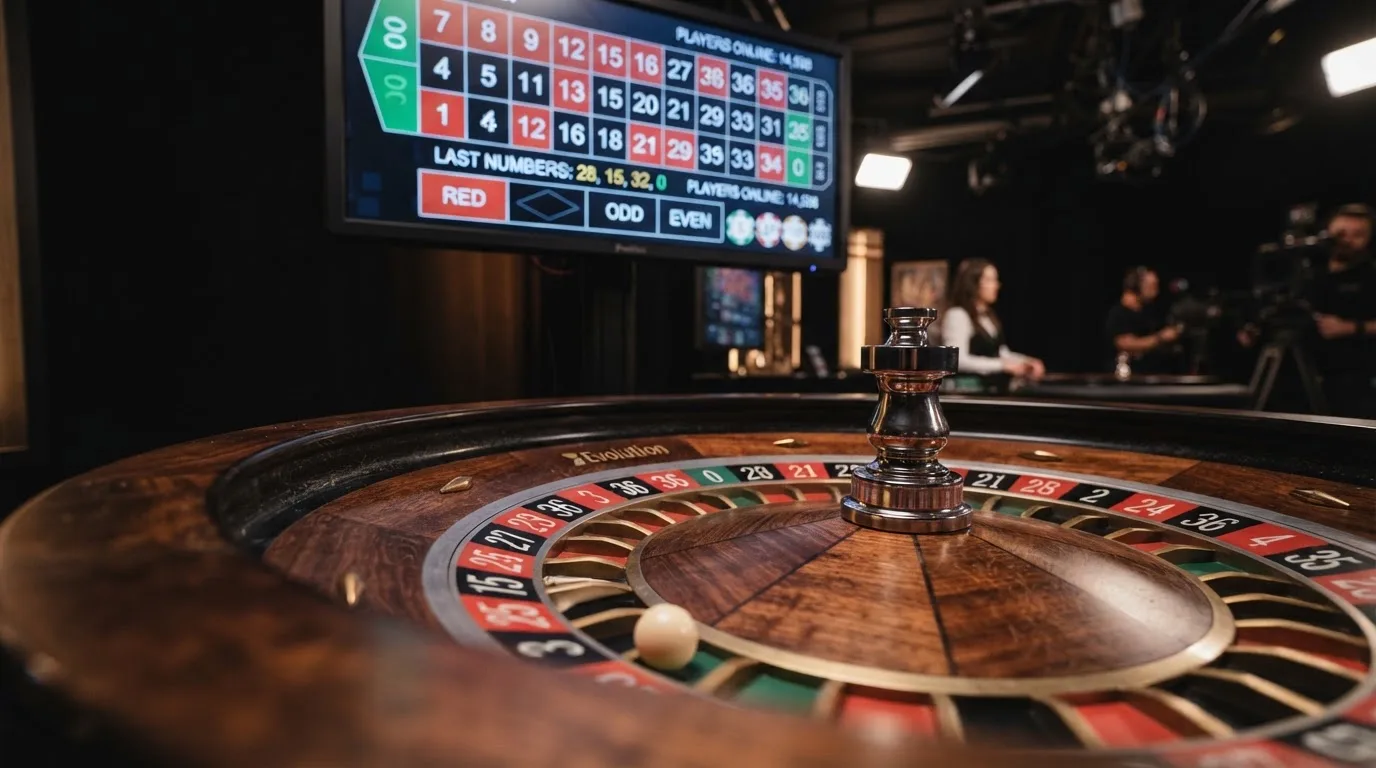 Primer plano de una ruleta física en un estudio de Evolution con el panel de apuestas en pantalla