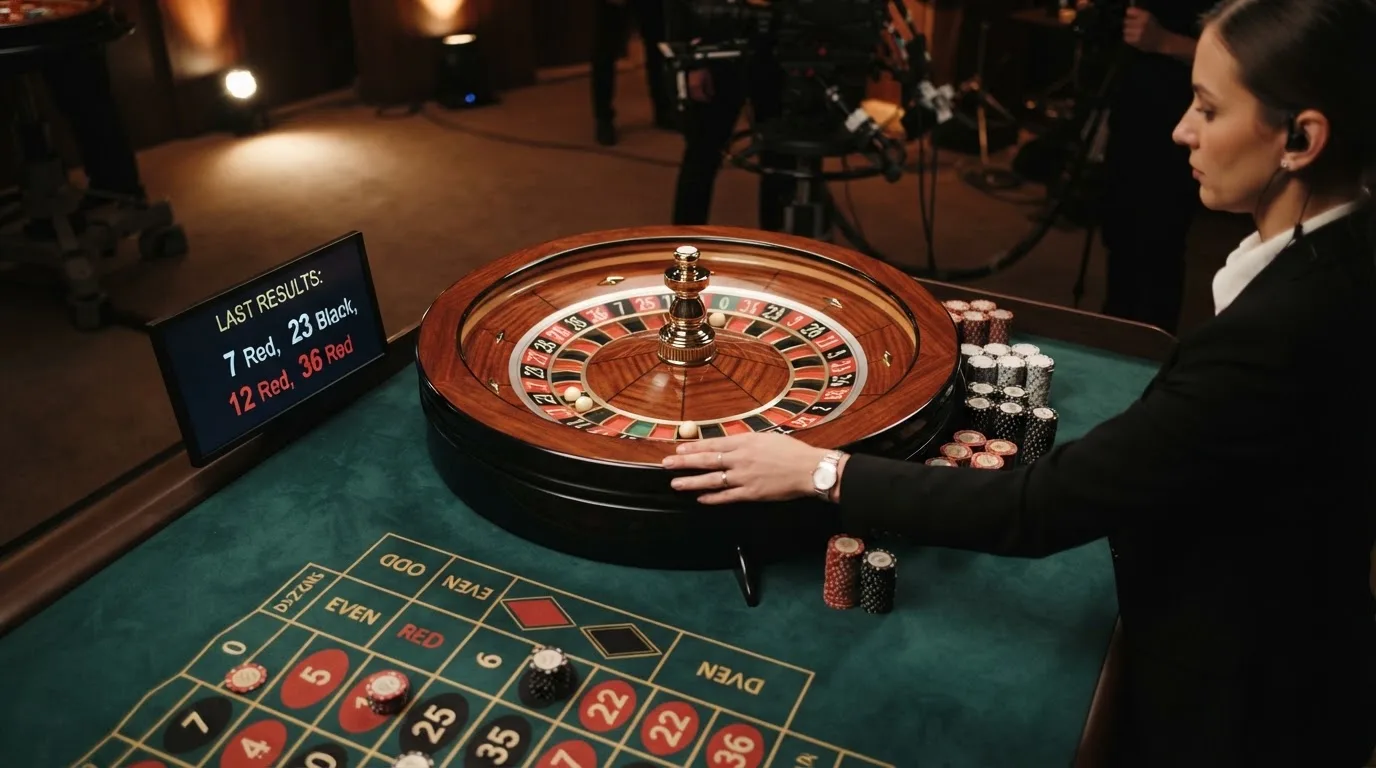 Mesa de ruleta en vivo de Playtech con crupier real y la interfaz de apuestas en pantalla