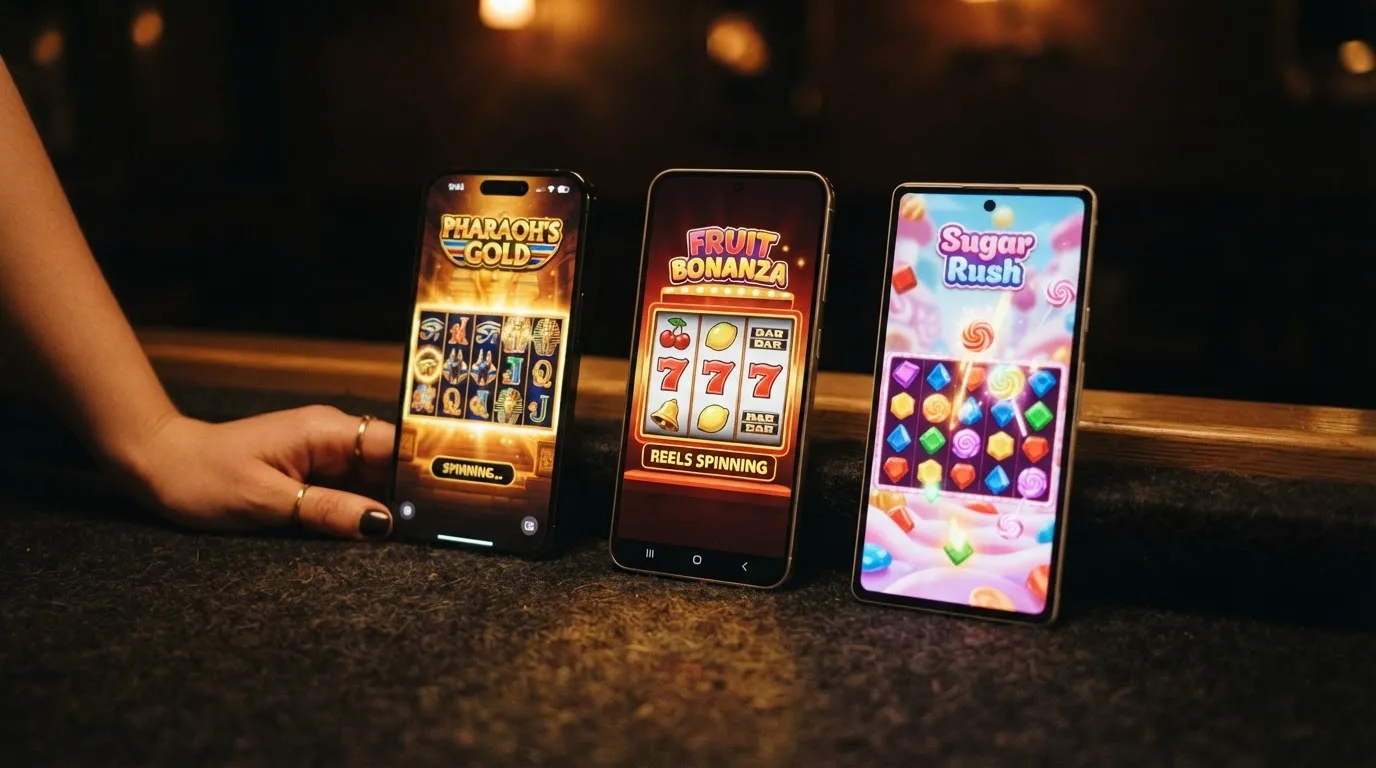 Tres teléfonos distintos mostrando cada uno una tragaperras diferente en pantalla completa con los rodillos girando