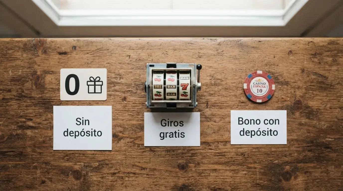 Comparativa visual de tres tipos de ofertas: un código sin depósito, un código de giros gratis y un código de bono de bienvenida con depósito