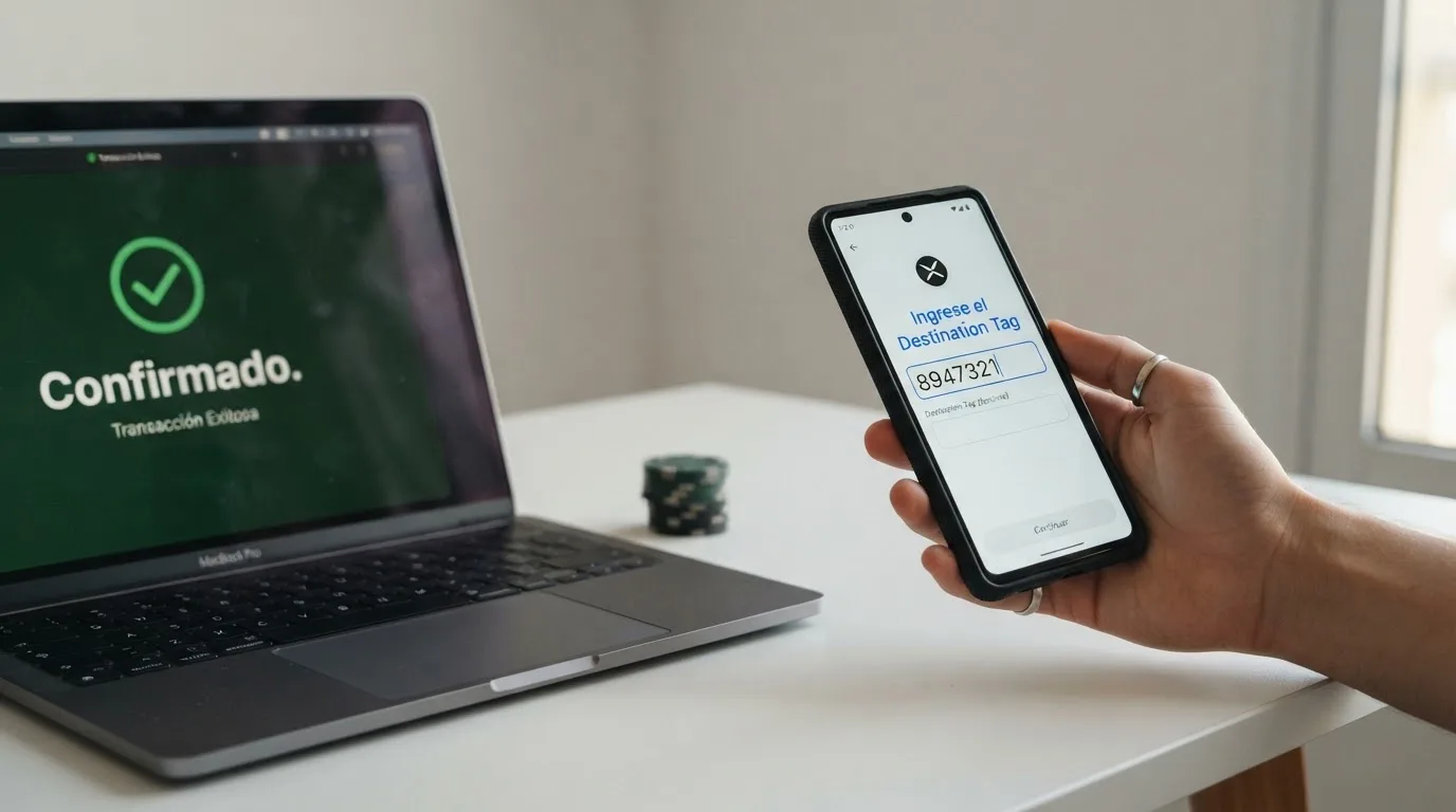 Pantalla dividida: a la izquierda, un monedero cripto mostrando una transacción de XRP con el campo de destination tag señalado; a la derecha, la confirmación de depósito en un casino online